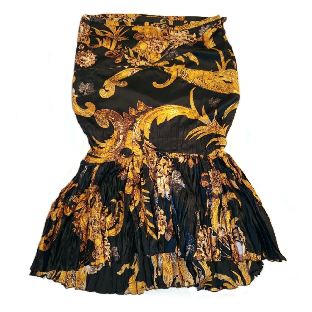 NEW Roberto Cavalli Black and Gold Satin High Low Mermaid Skirt Size 2